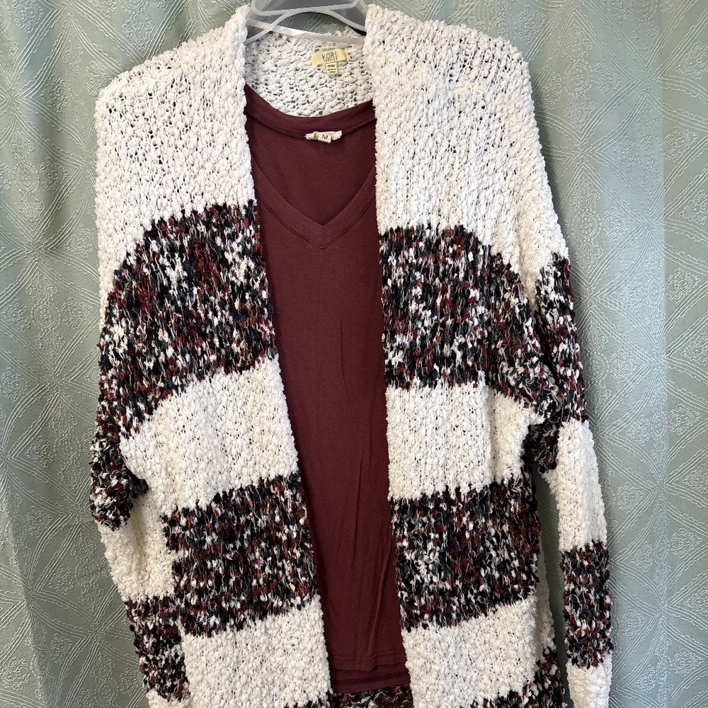 Kori America The Hatti Cardi with POL medium short sleeve shirt underneath.